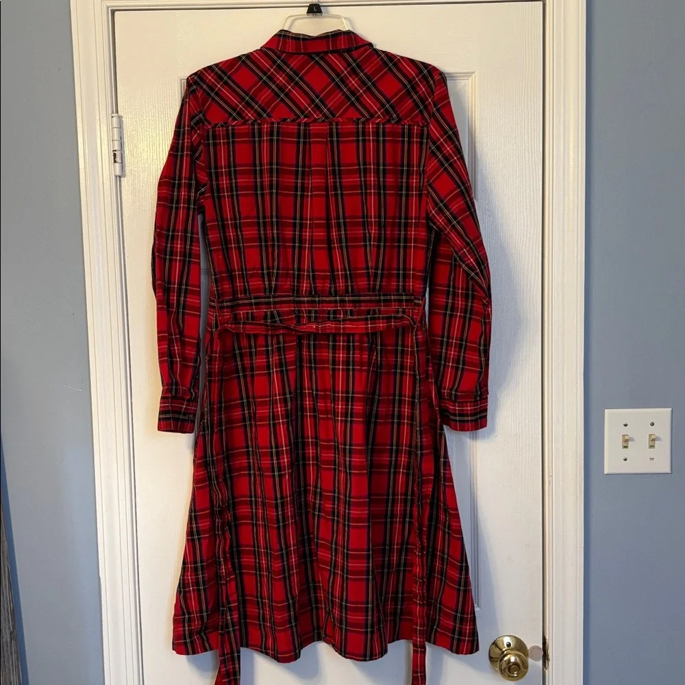 J. Crew Red Plaid Long Sleeve Tie Waist Shirt Dress 12 - Picture 4 of 8